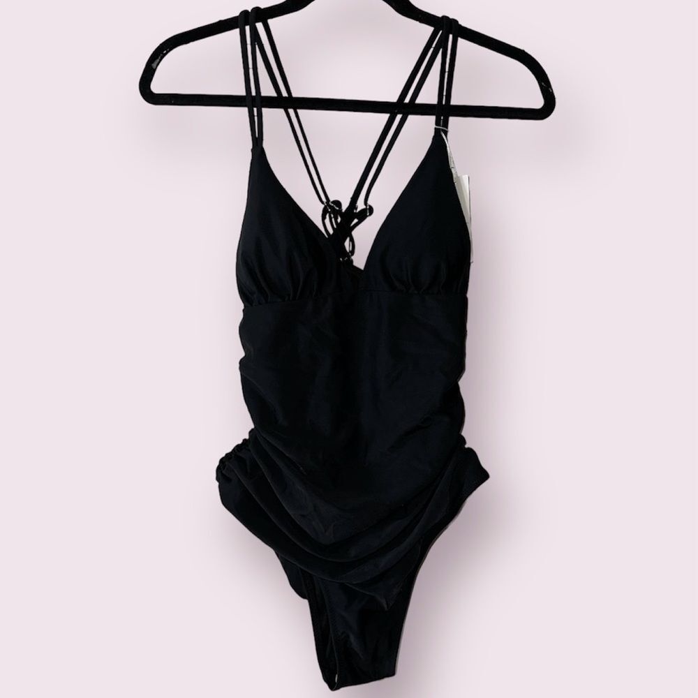 Beachsissi‎ Women’s Black Ruched Criss Cross Back One Piece Bathing Suit Size M
